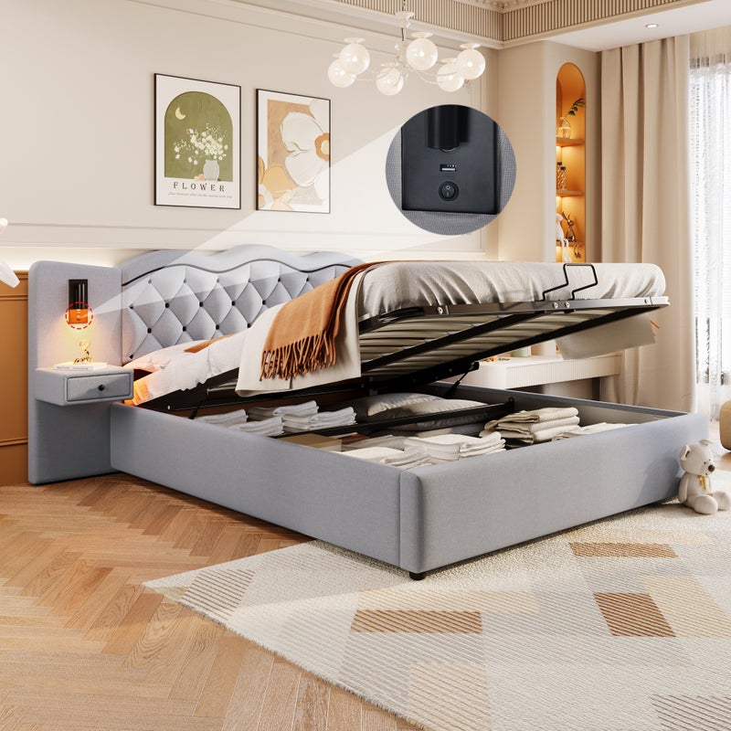 Nowoczesne łóżko z pojemnikiem 180 x 200 cm - 2 szafki nocne, 2 lampki nocne i USB - Tkanina lniana - Szary