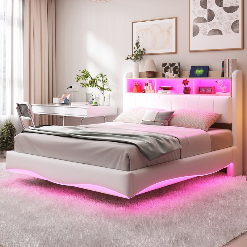 Łóżko tapicerowane 140 x 200 cm z zagłówkiem - LED-y, USB i TYPE-C - Tkanina lniana - Stelaż z listew - Beż