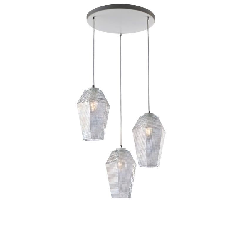 Lampa wisząca Prisma z białego lakierowanego żelaza, regulowane kable, przezroczyste klosze z dmuchanego szkła z tłoczonym wzorem, 3 światła
