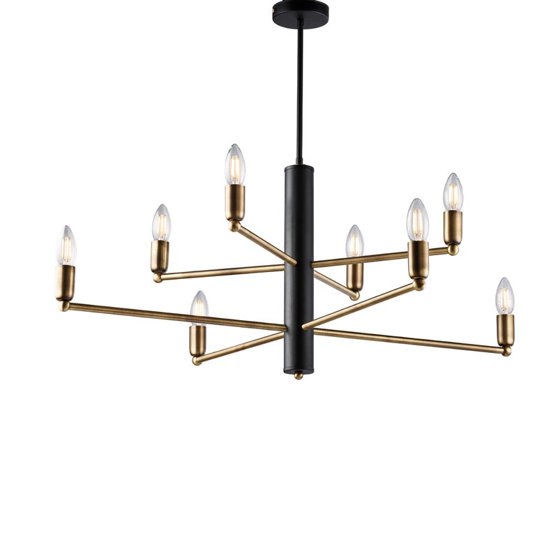 Lampa wisząca Isak z czarnego lakierowanego żelaza z wykończeniem z szczotkowanego mosiądzu, 8 świateł, H.66 Ø86 BL311-8-NR