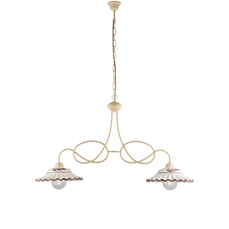 Żyrandol Bistrot z lakierowanego żelaza w kolorze kości słoniowej, dekor decapé, ceramiczne dyfuzory biało-brązowe Ø30 cm, 2 światła, 98x30 cm