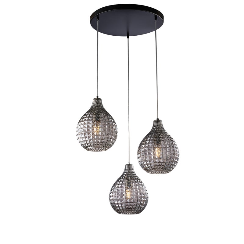 Lampa wisząca Diamante w kolorze czarnym z chromowaną ramą, szare lustrzane szkło z efektem kryształu i 3 światłami, nowoczesny styl