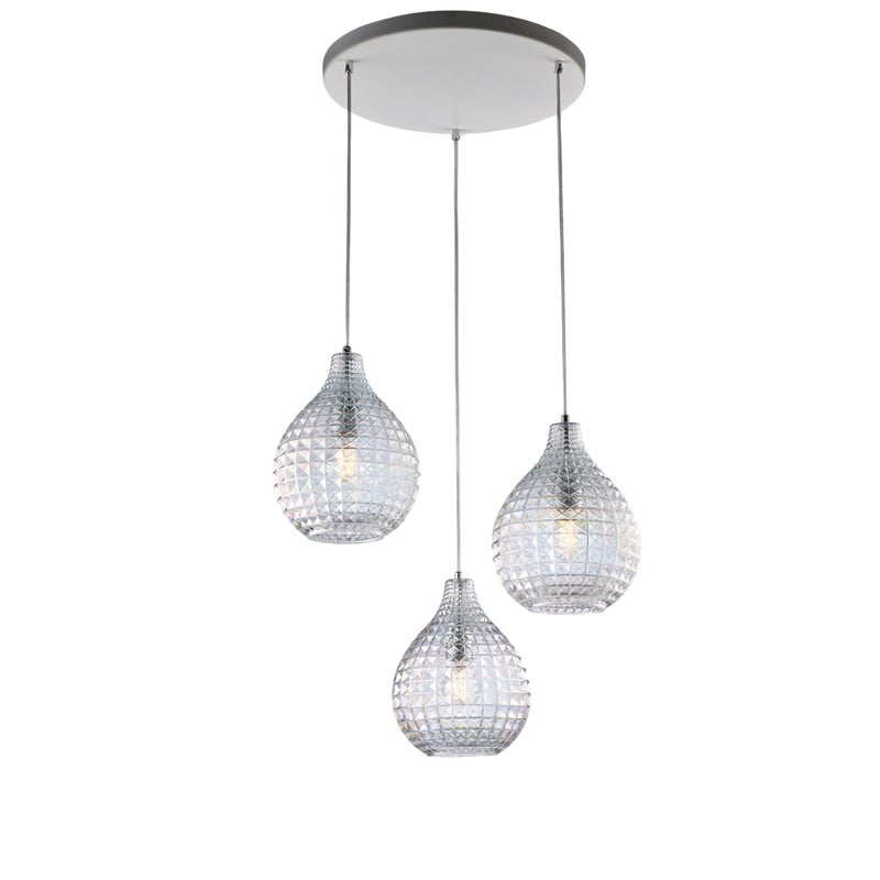 Lampa wisząca Diamante z białego żelaza i chromowanej ramy, regulowane kable, przezroczyste klosze z dmuchanego szkła z efektem kryształu, 3 światła