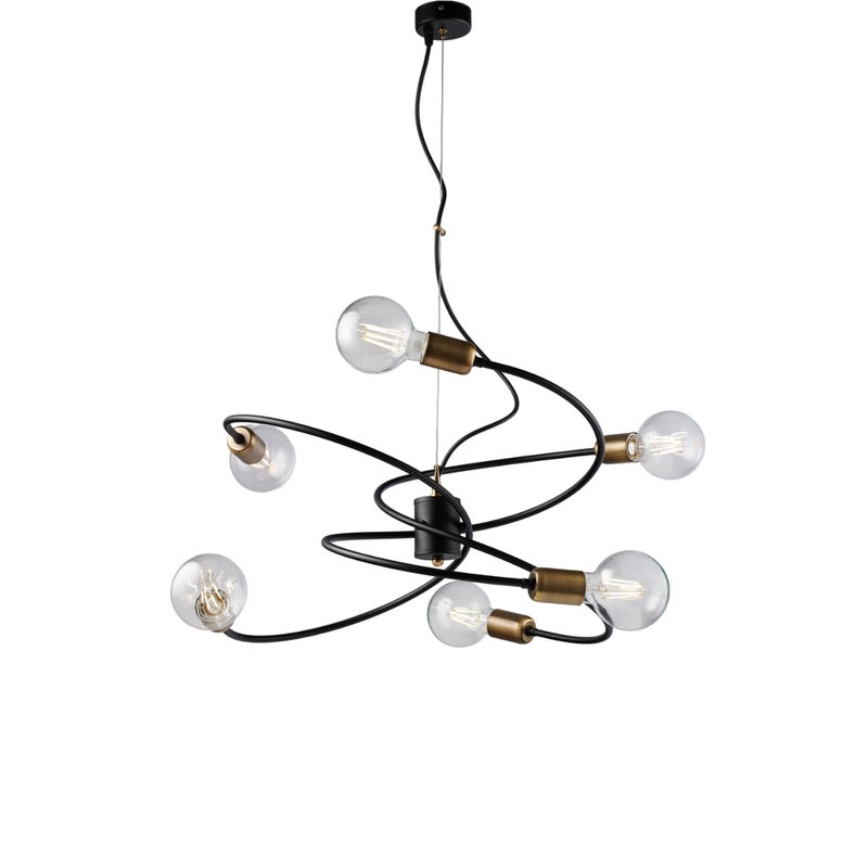 Lampa wisząca Vortex w kolorze czarnym, wykończenie w szczotkowanym mosiądzu, regulowany kabel stalowy, 6 lamp o średnicy 55 cm, elegancki wygląd