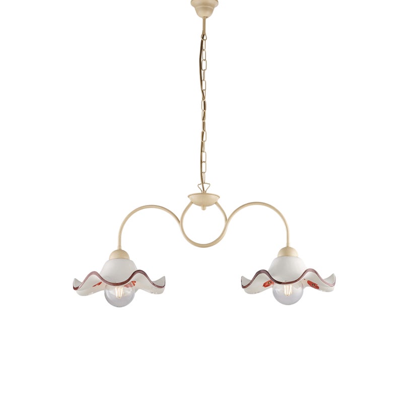 Żyrandol Anemone z lakierowanego żelaza w kolorze kości słoniowej, dekor decapé, ceramiczne dyfuzory biało-brązowe Ø30 cm, 2 światła, 81x30 cm