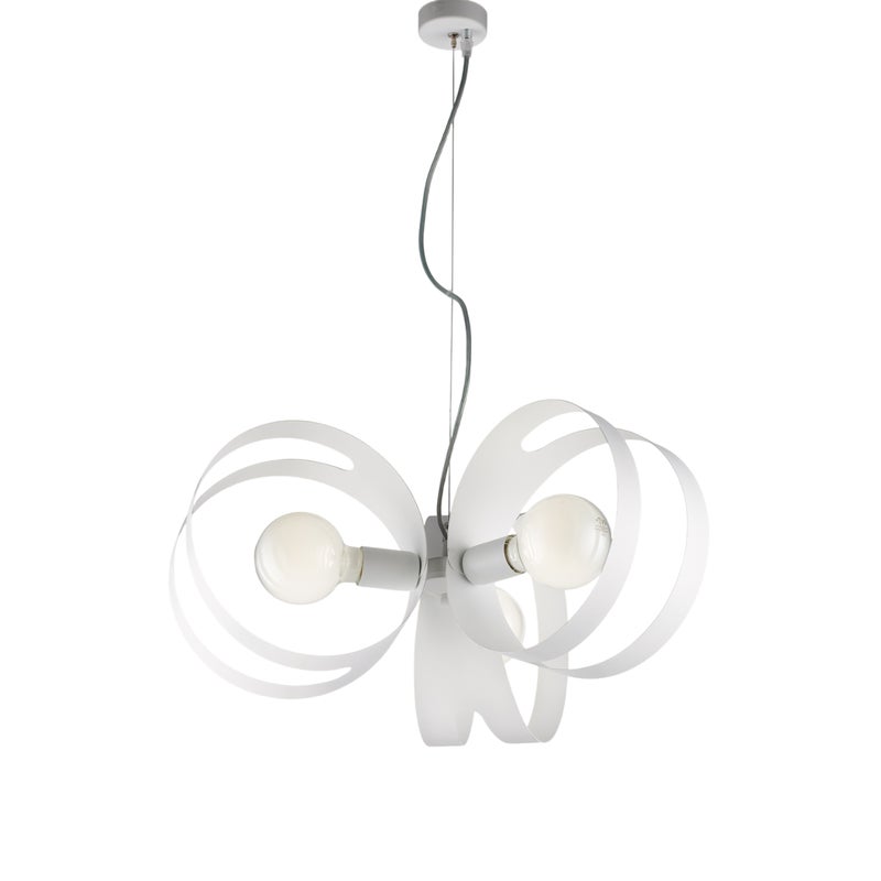 Lampa wisząca Peter z lakierowanego na biało żelaza z ciętymi laserowo paskami i regulowanym stalowym kablem, 3 światła, 130 Ø48 BL306-3-BCO