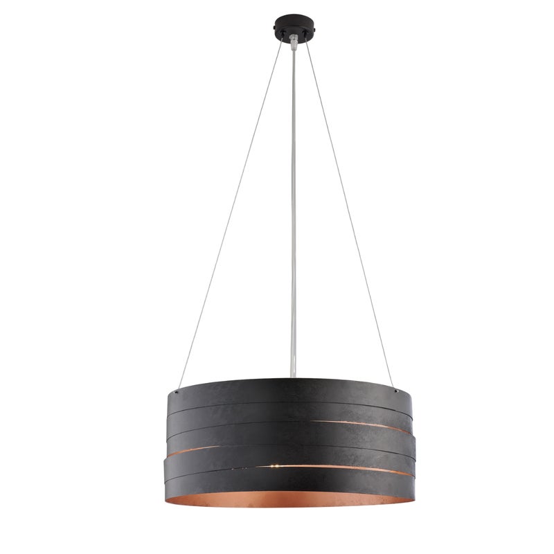 Mambo – lampa wisząca z czarnego lakierowanego żelaza, dekor czarny na zewnątrz i antyczna miedź wewnątrz, regulowane linki stalowe, 3 światła