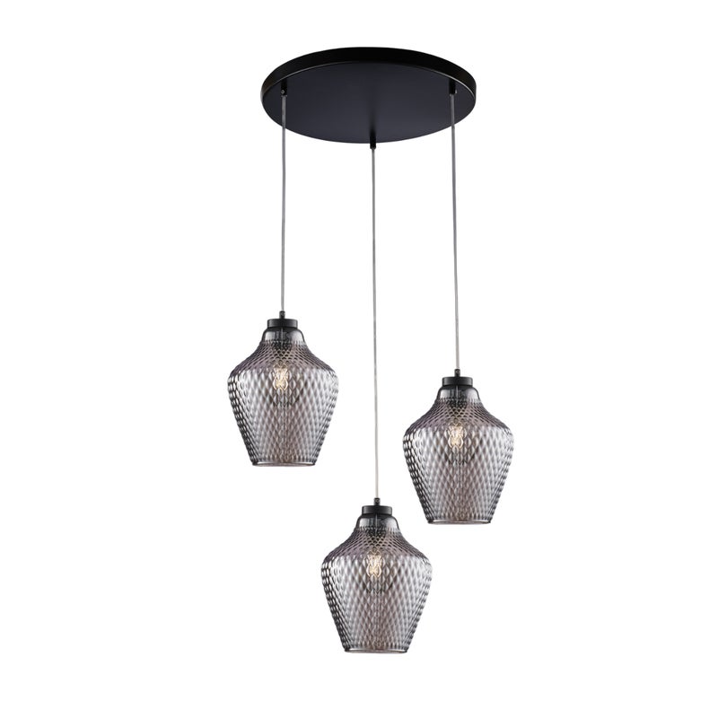 Lampa wisząca Maya z czarnego lakierowanego żelaza, regulowane kable, klosze z lustrzanego szarego szkła dmuchanego z reliefem, 3 światła