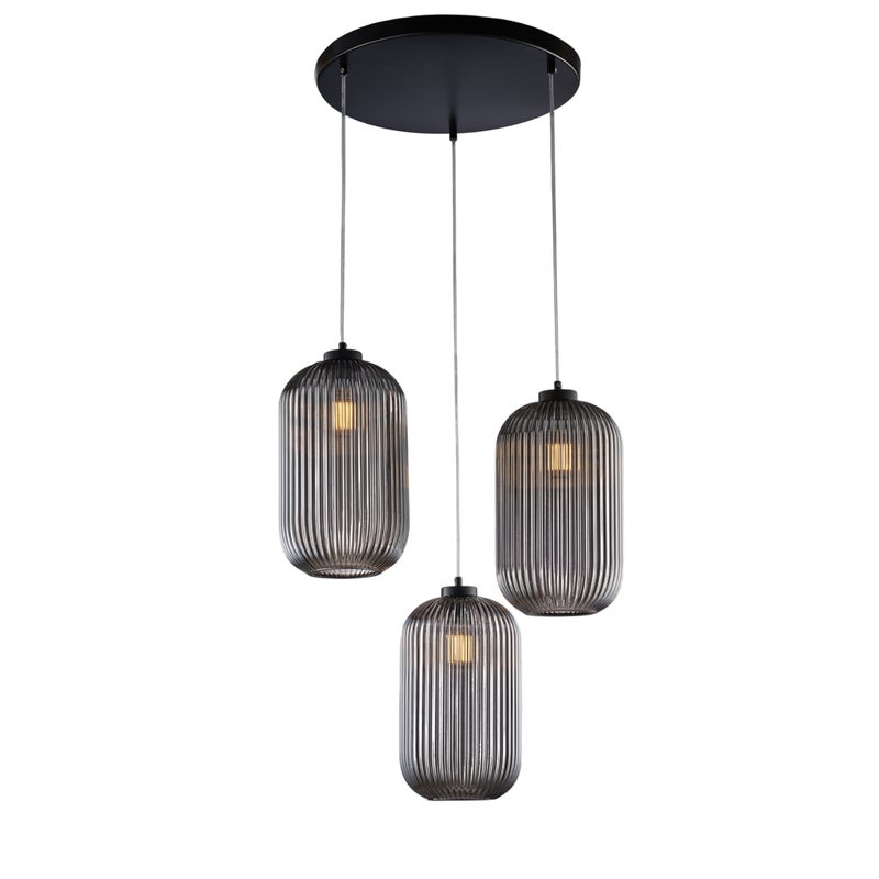 Lampa wisząca Krizia z czarnego lakierowanego żelaza, regulowane kable, klosze z lustrzanego szarego szkła z paskami reliefowymi, 3 światła