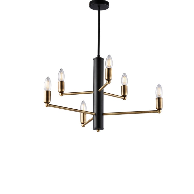 Lampa wisząca Isak z czarnego lakierowanego żelaza z wykończeniem z szczotkowanego mosiądzu, 6 świateł H.66 Ø53 BL311-6-NR