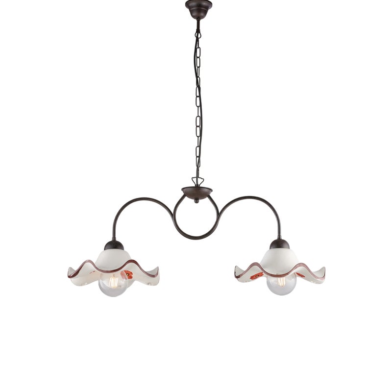 Żyrandol Anemone z czarnego lakierowanego żelaza z rdzawymi zdobieniami i ceramicznymi dyfuzorami śr. 30 cm, biały i brązowy, 2 lampy, dł. 81 x 30 cm