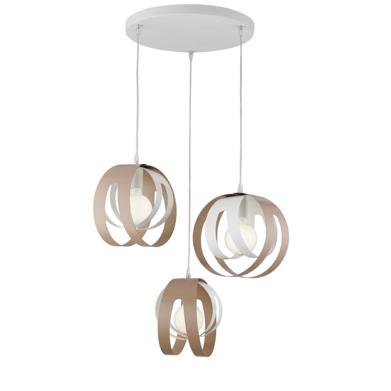Lampa wisząca Tobias z okrągłą rozetą, laserowo cięte dyfuzory, żelazo lakierowane na biało i szaro, regulowany kabel, nowoczesny design, 3 światła