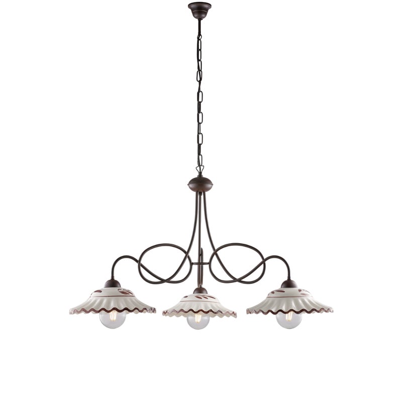 Żyrandol Bistrot z czarnego lakierowanego żelaza, dekor imitujący rdzę, ceramiczne dyfuzory Ø30 cm, ręcznie zdobione białe i brązowe, 3 światła