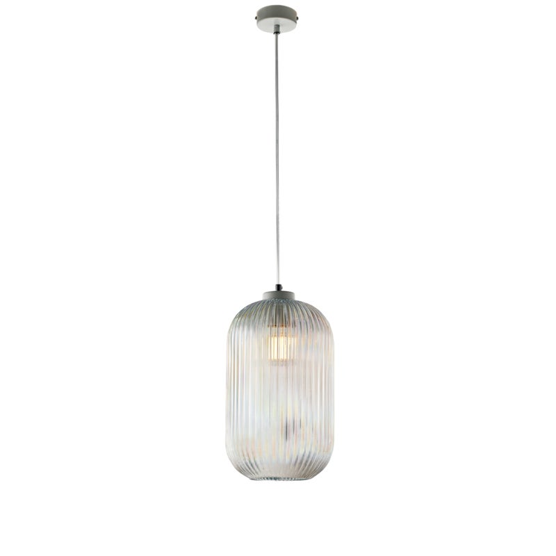 Lampa wisząca Krizia z białego lakierowanego żelaza, regulowany kabel, przezroczysty klosz z dmuchanego szkła z paskami reliefowymi, 1 światło