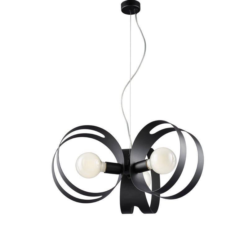 Lampa wisząca Peter z czarnego lakierowanego żelaza z ciętymi laserowo paskami i regulowanym stalowym kablem 3 światła 130 Ø48 BL306-3-NR