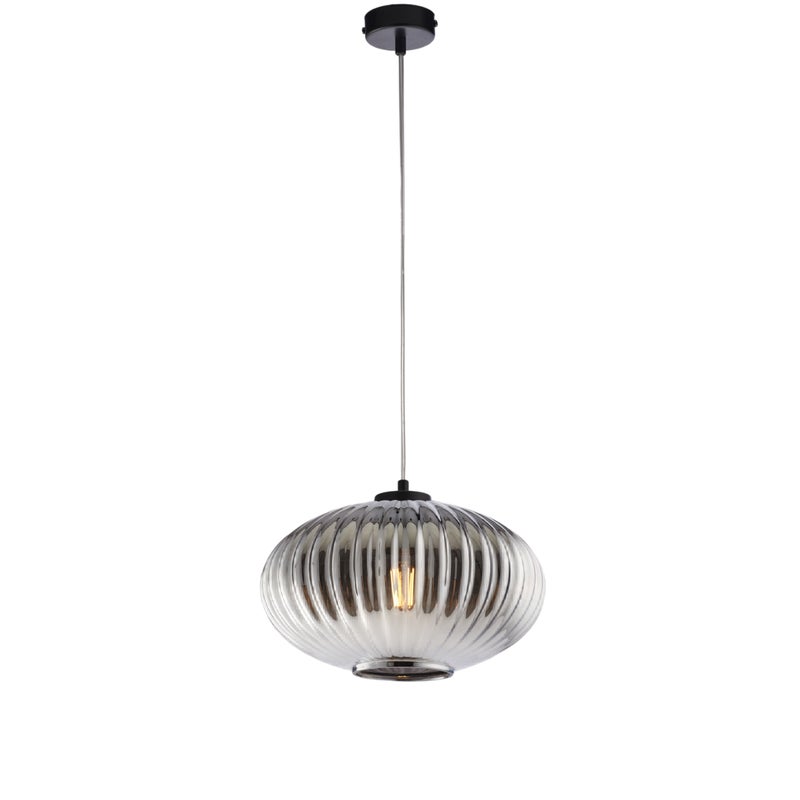Ginger lampa wisząca z czarnego lakierowanego żelaza, regulowany kabel, klosz z lustrzanego szarego szkła, 1 światło