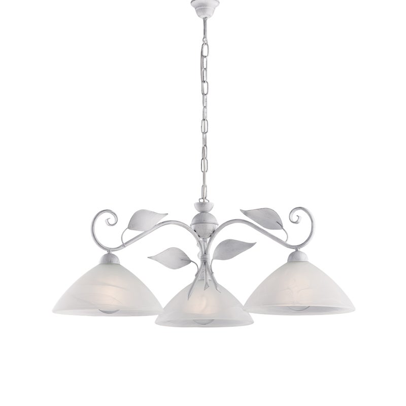 Żyrandol z lakierowanego na biało żelaza z antyczną srebrną dekoracją i białym szkłem alabastrowym śr. 30 3 światła X 96 Ø79 BL313-3-BA