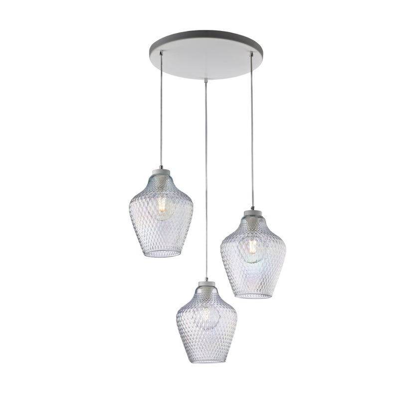 Lampa wisząca Maya z białego lakierowanego żelaza, regulowane kable, przezroczyste klosze z dmuchanego szkła z reliefem, nowoczesny styl, 3 światła
