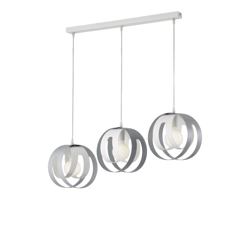 Lampa wisząca Tobias z prostokątną rozetą, laserowo cięte dyfuzory, żelazo lakierowane białe i szare, regulowany kabel, nowoczesny design, 3 światła