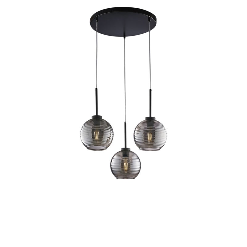 Lampa wisząca Ankara z czarnego lakierowanego żelaza, regulowane kable, klosze z lustrzanego szarego szkła dmuchanego z wypukłymi paskami, 3 światła