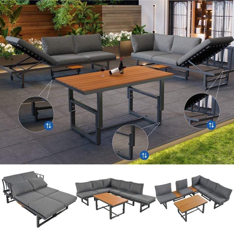 Zestaw mebli ogrodowych modułowych z ocynkowanego żelaza: 2 rozkładane sofy 3-osobowe + 1 stolik kawowy - szary