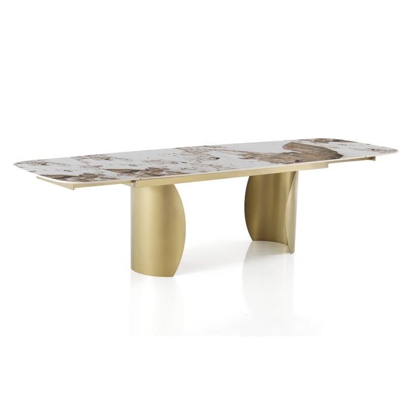 Rozkładany stół jadalny CLAW 1 z ceramiki, marmuru Onyx i metalu w kolorze złotym, 180/260x89x75,5 cm