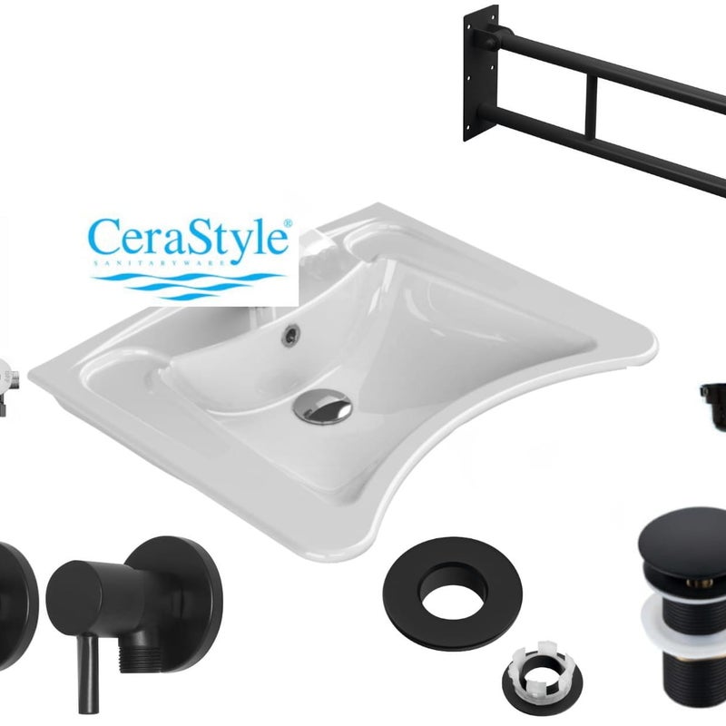 Umywalka dla niepełnosprawnych 60x50 cm, Bateria bezdotykowa z mieszaczem, uchwyt czarny 60 cm, syfon, korek, 2x zawór 1/2x3/8 czarny, rozetka