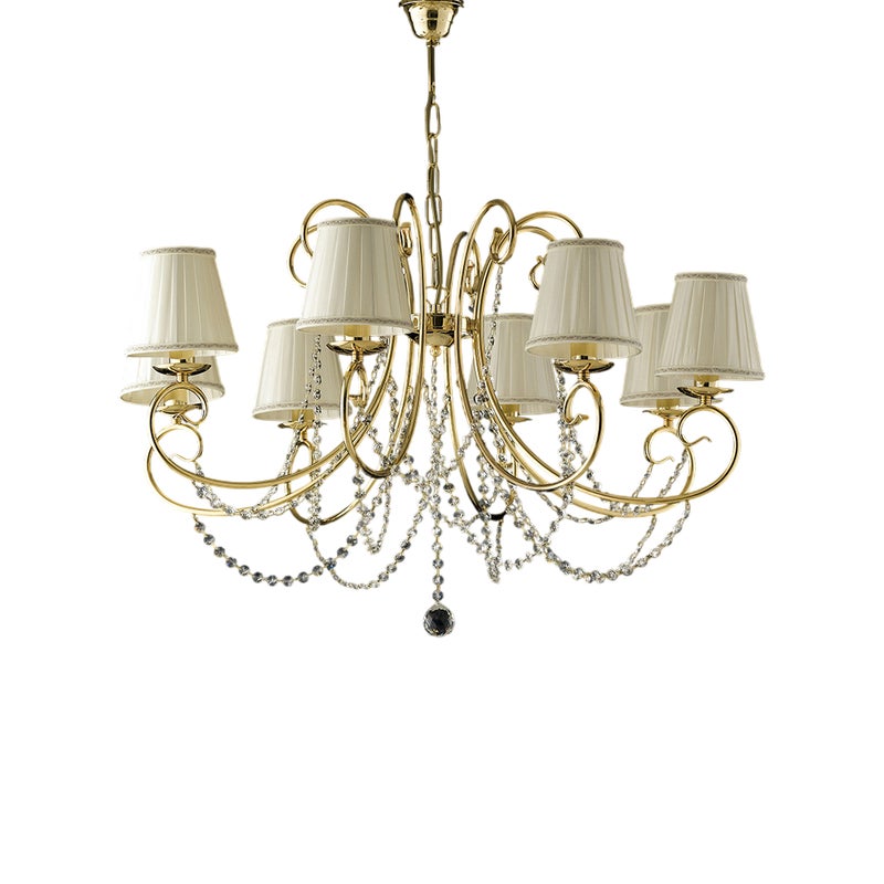 Żyrandol Magda 8-punktowy z żelaza w kolorze złotym z kloszami 118 Ø78 BL146-8-OR-PAR
