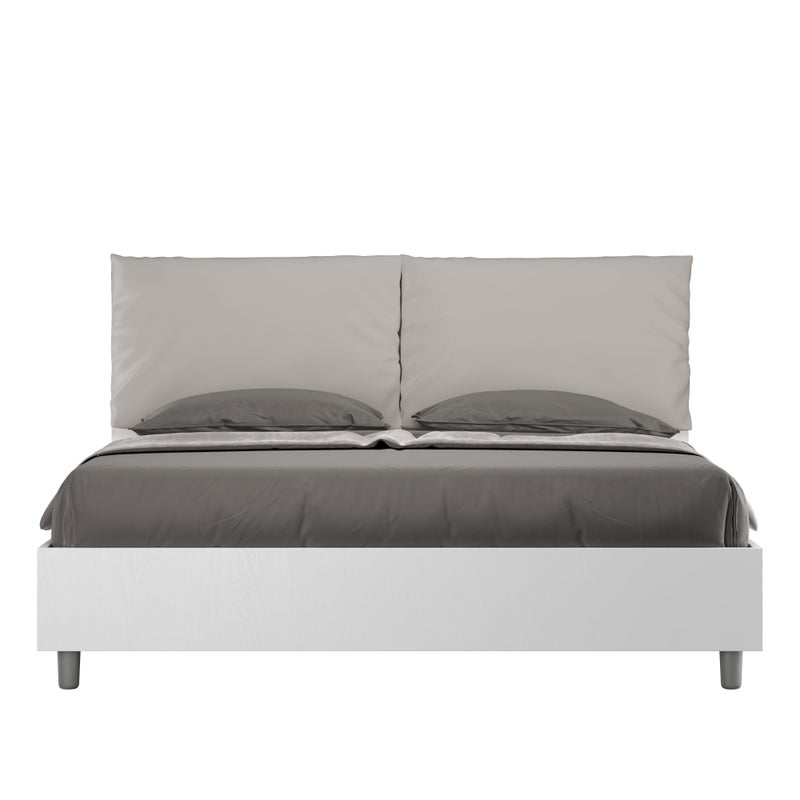 Łóżko podwójne Antea 160x190 cm z pojemnikiem, podwójne podnoszenie, białe drewno jesionowe, poduszki z eco-skóry w kolorze gołębiej szarości