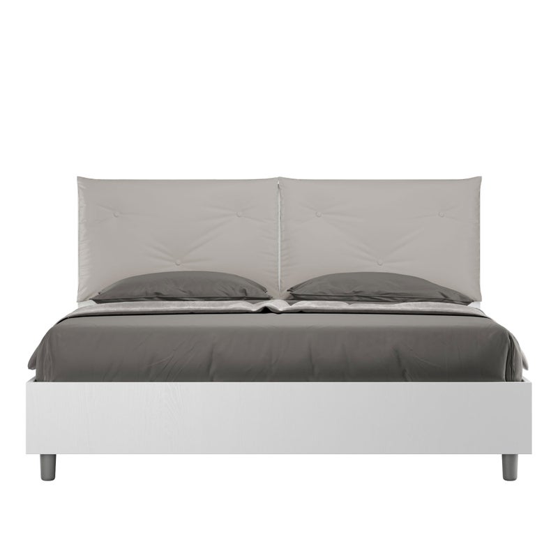 Łóżko podwójne Appia 160x190 cm z pojemnikiem, podwójne podnoszenie, białe drewno jesionowe, poduszki z eco-skóry w kolorze gołębiej szarości