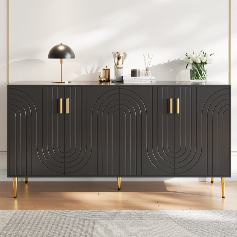 Komoda z 4 drzwiami - 152 x 40 x 75 cm - Płyta MDF - Wzór fali - Czarny