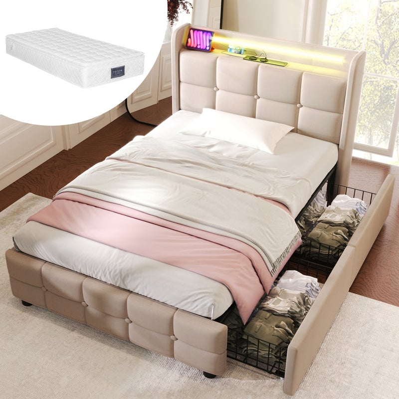 Łóżko tapicerowane-ładowanie USB-zagłówek-oświetlenie LED-2 szuflady-łóżko pojedyncze 90x200 cm-beżowe-z materacem
