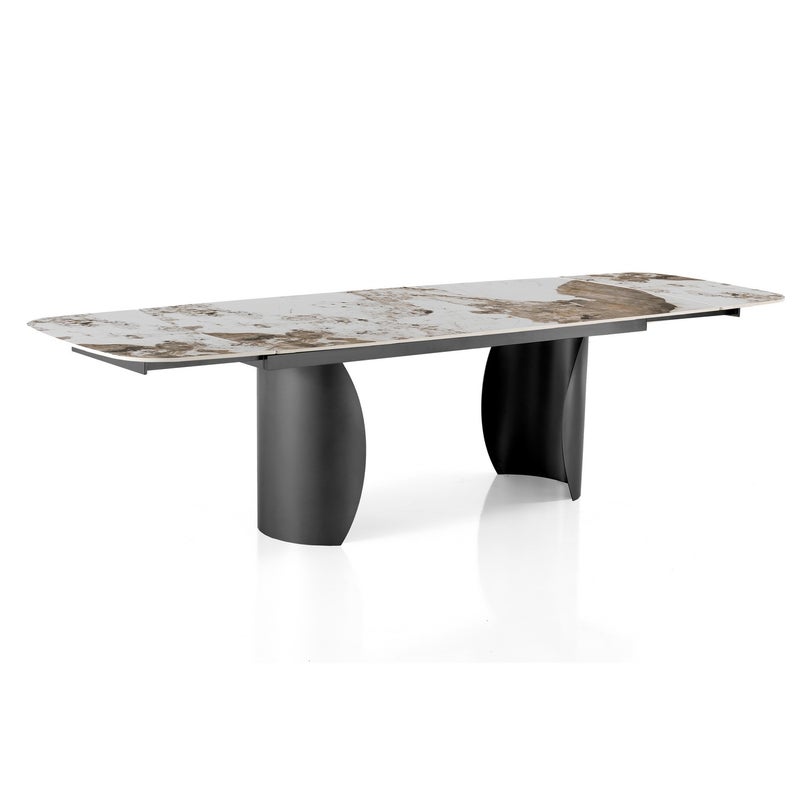 Rozkładany stół jadalny CLAW 2 z ceramiki, marmuru Onyx i metalu w kolorze szarym, 180/260x89x75,5 cm