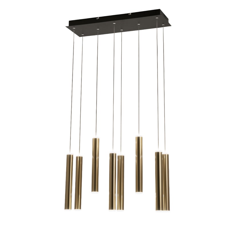 Lampa wisząca Fabas Luce Prado z 8 światłami – 52 W, ściemnialna dioda LED – mosiężny, liniowy design