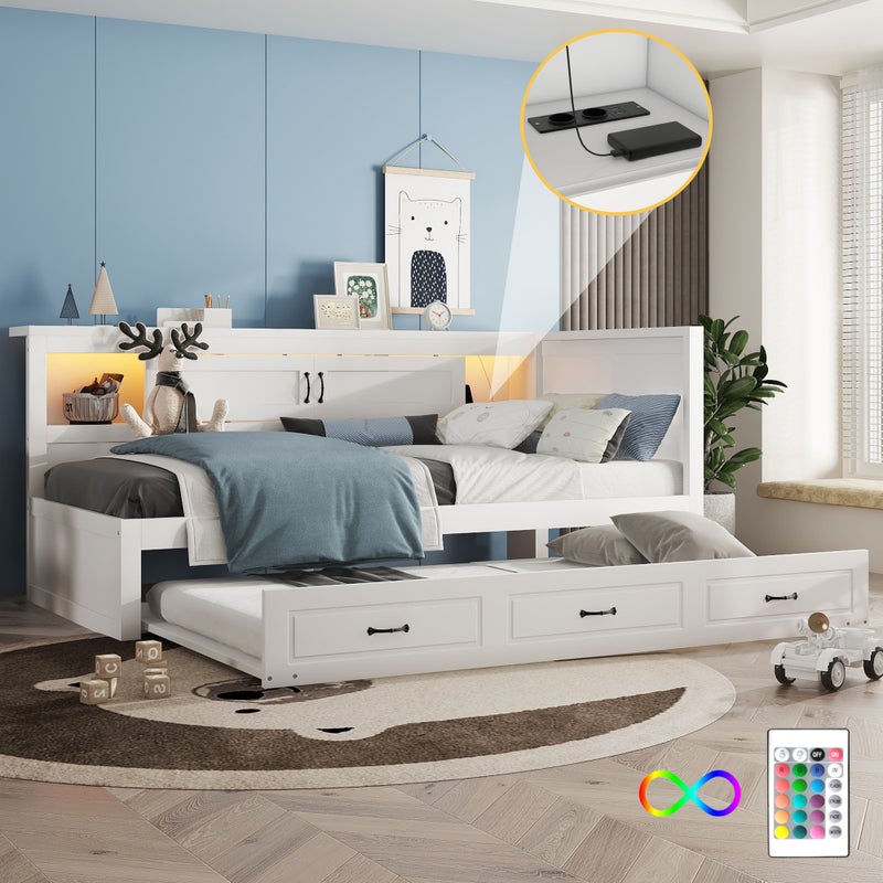 Kanapa-łóżko 90x200 cm - Bez materaca - Świetliki LED - Szuflada do przechowywania - Rozszerzalny płyta - Gniazda USB - Biały