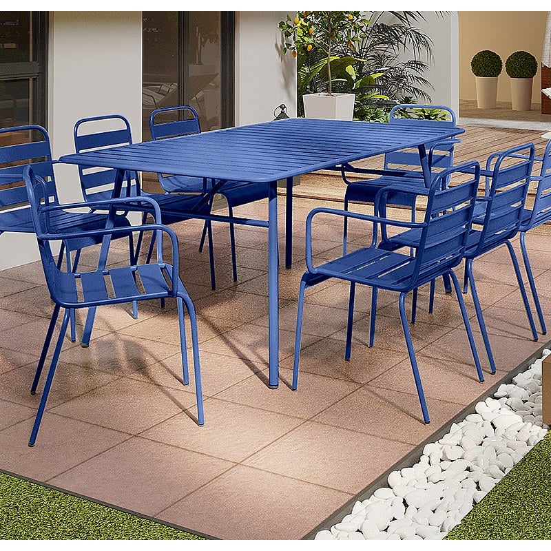 Zestaw mebli ogrodowych z metalu - stół dł. 200 cm i 8 składanych foteli - Granatowy - MIRMANDE marki MYLIA