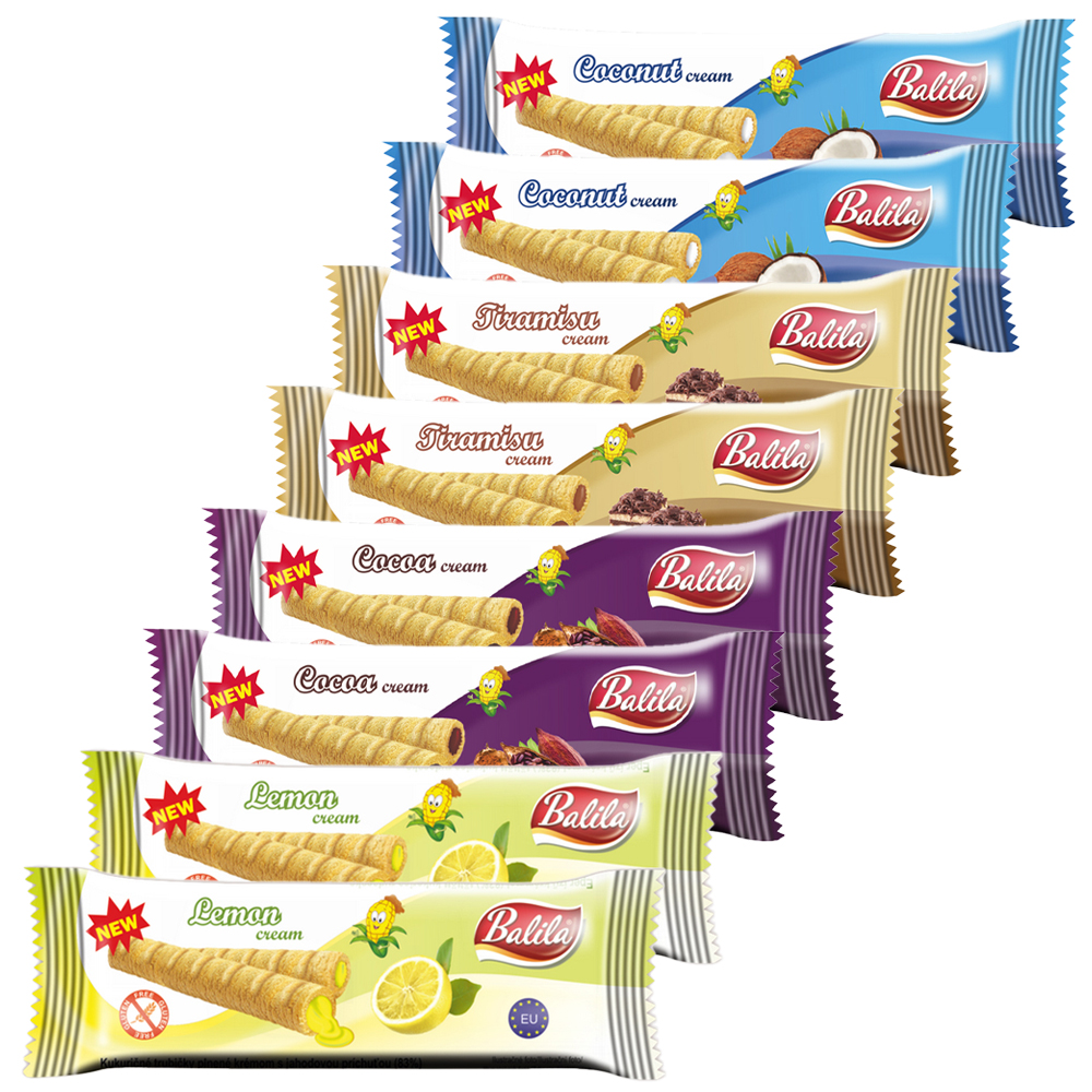 Zestaw Balila, rurki kukurydziane z kremem o smaku kokosowym, bezglutenowe, 2 x 18 g + smak tiramisu, 2 x 18 g + smak kakaowy, 2 x 18 g + smak cytrynowy, 2 x 18 g