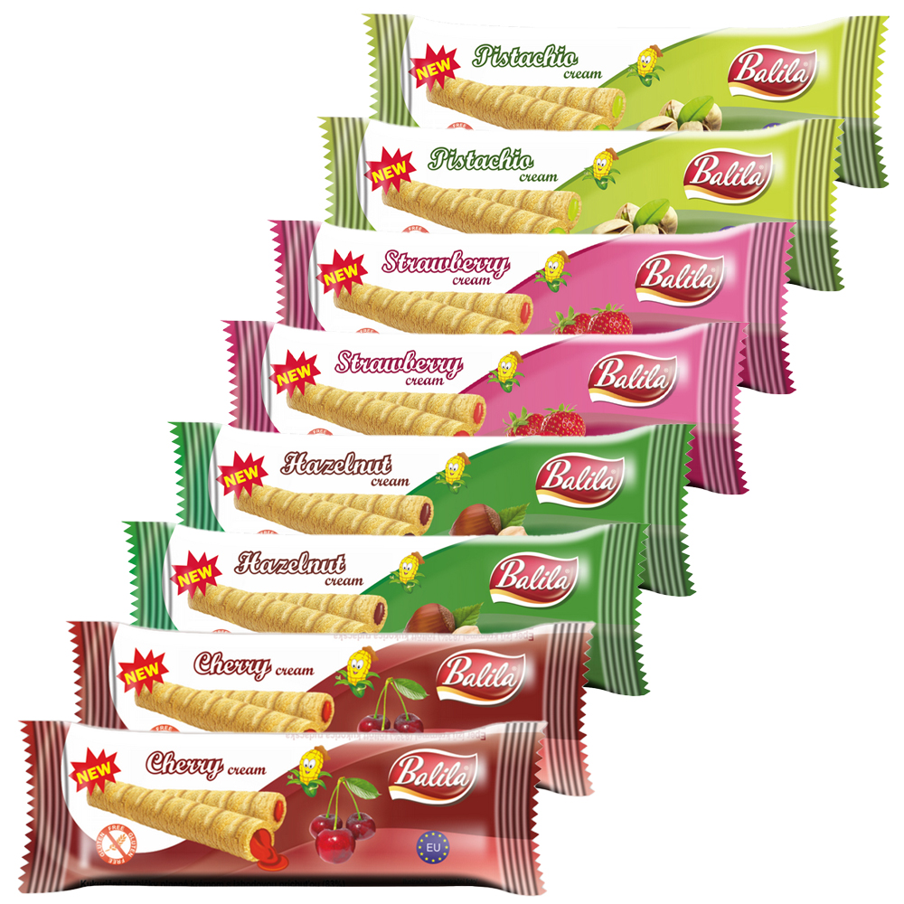 Zestaw Balila, rurki kukurydziane z kremem o smaku pistacjowym, bezglutenowe, 2 x 18 g + smak truskawkowy, 2 x 18 g + smak orzechów laskowych, 2 x 18 g + smak wiśniowy, 2 x 18 g
