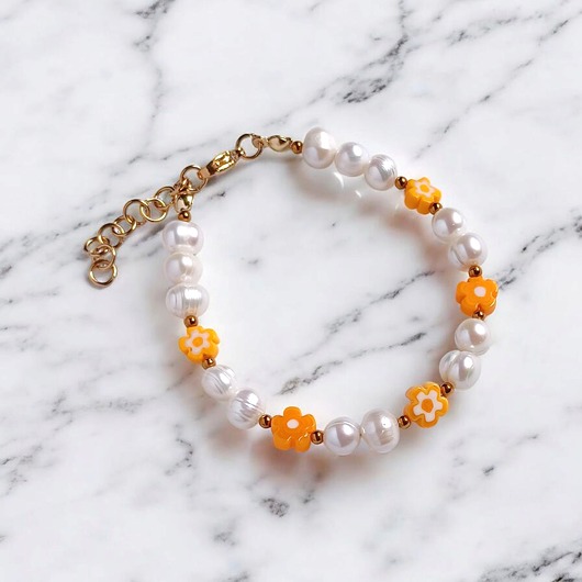 Bransoletka : DAISY : perły naturalne i szklane kwiatuszki