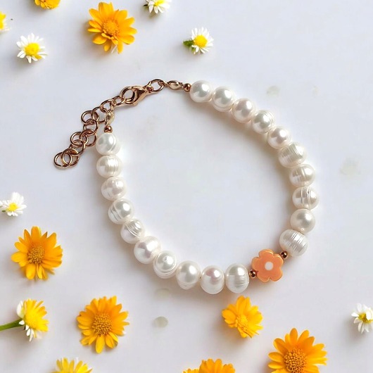 Bransoletka : DAISY : perły naturalne i szklany kwiatuszek