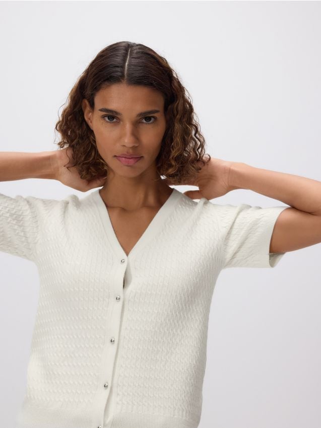 Reserved - Kardigan ze strukturalnym splotem - kremowy