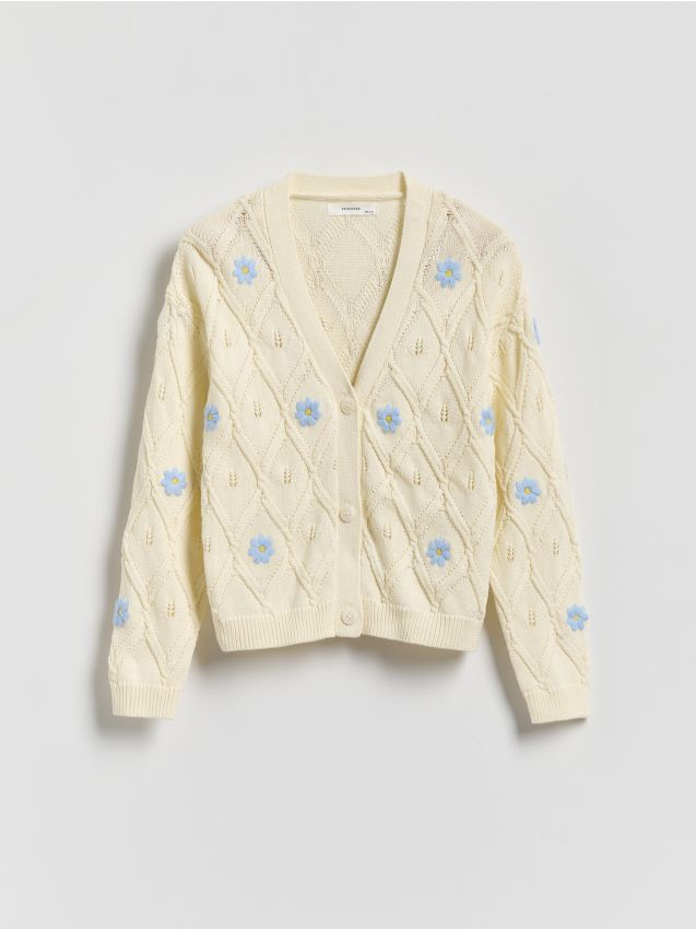 Reserved - Kardigan z kwiatową aplikacją - złamana biel