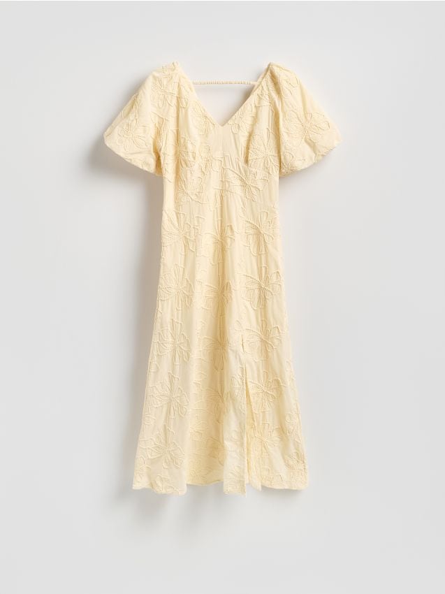 Reserved - Bawełniana sukienka z haftem - jasnożółty