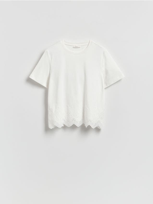Reserved - T‑shirt z koronkową aplikacją - biały