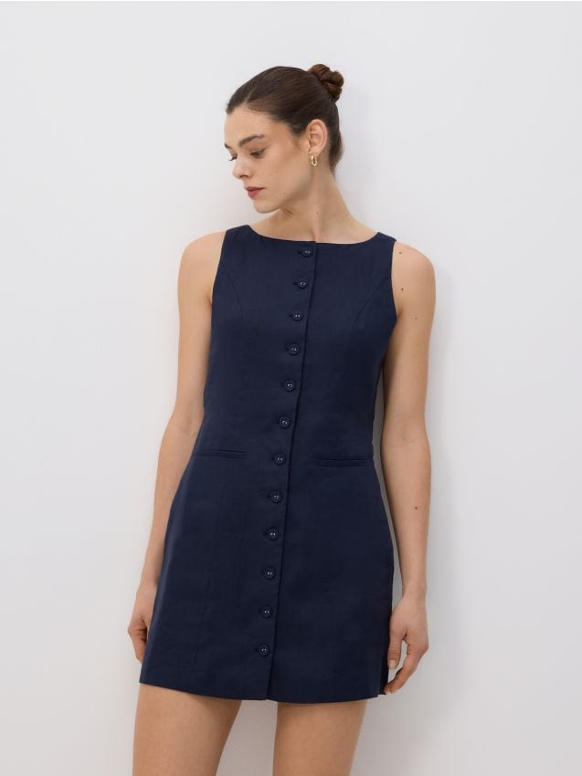 Reserved - Lniana sukienka mini - granatowy
