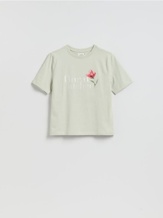 Reserved - Bawełniany t-shirt z nadrukiem - jasnozielony