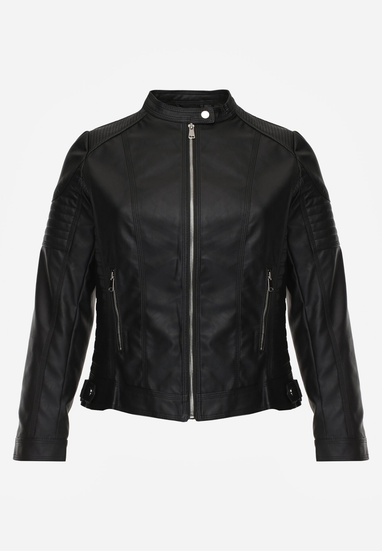 Czarna Kurtka Ramoneska o Taliowanym Kroju ze Stójką na Nap Lissae