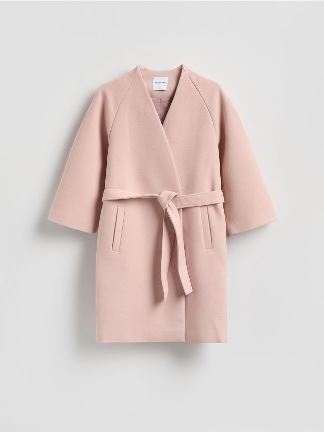 Reserved - Płaszcz z paskiem - pastelowy róż