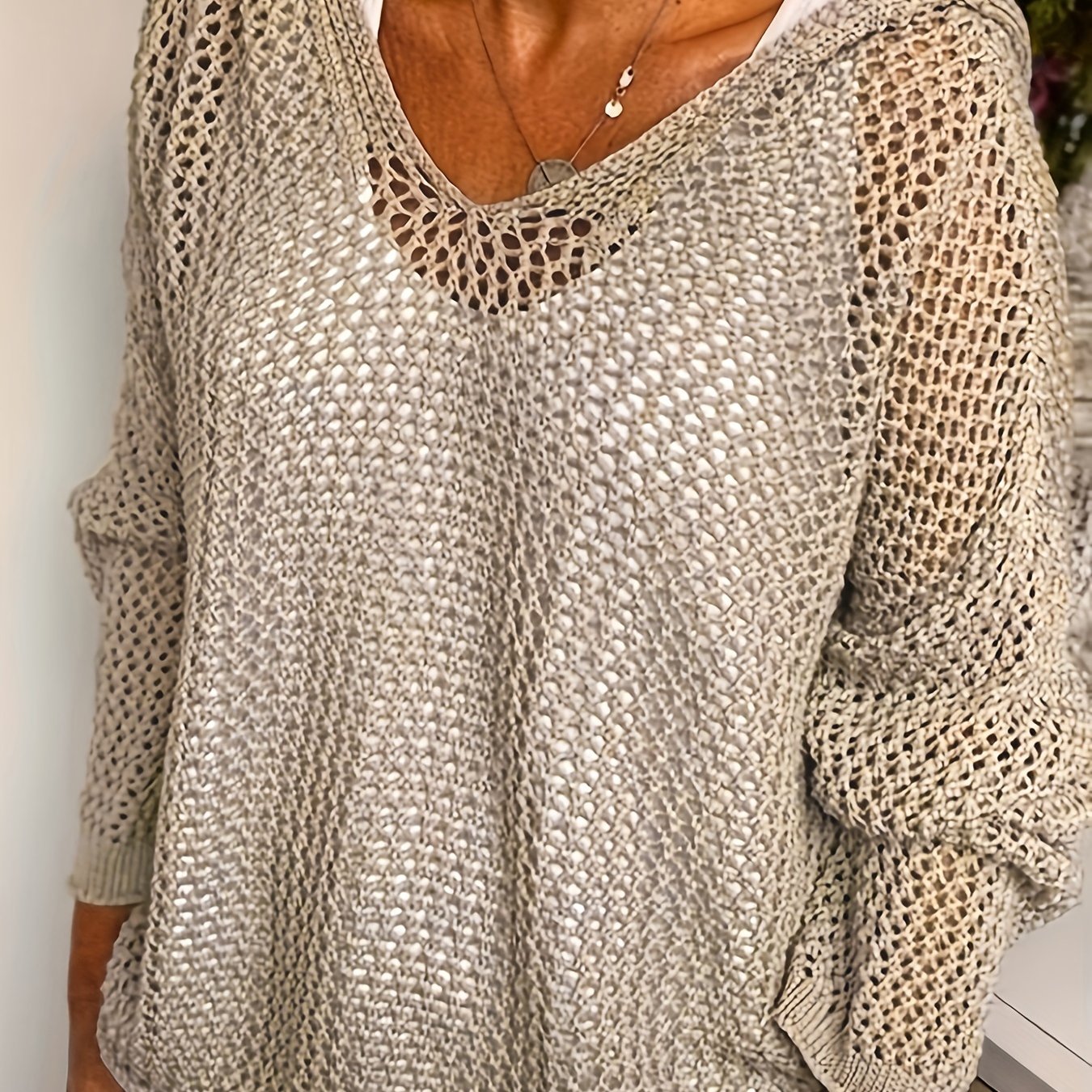 TEMU Wydrążony sweter dzianinowy z dekoltem w serek, swobodny sweter z kapturem z długim rękawem, odzież damska