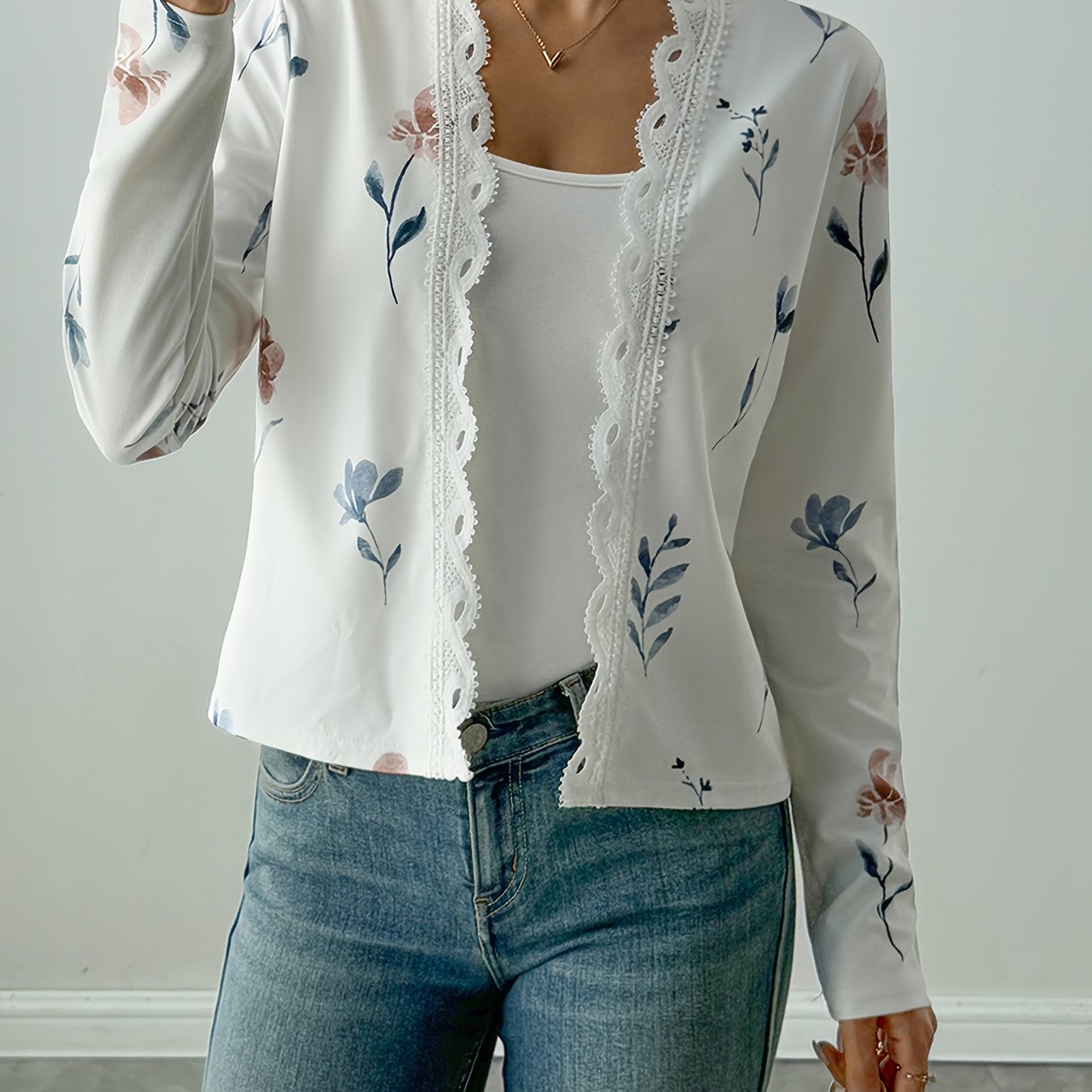 TEMU Długi Rękaw Koronkowy Kardigan z Nadrukiem